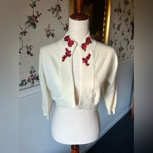Vintage 1950s Saks Fifth Ave Cream Cashmere Beaded Rose Bolero Cardigan